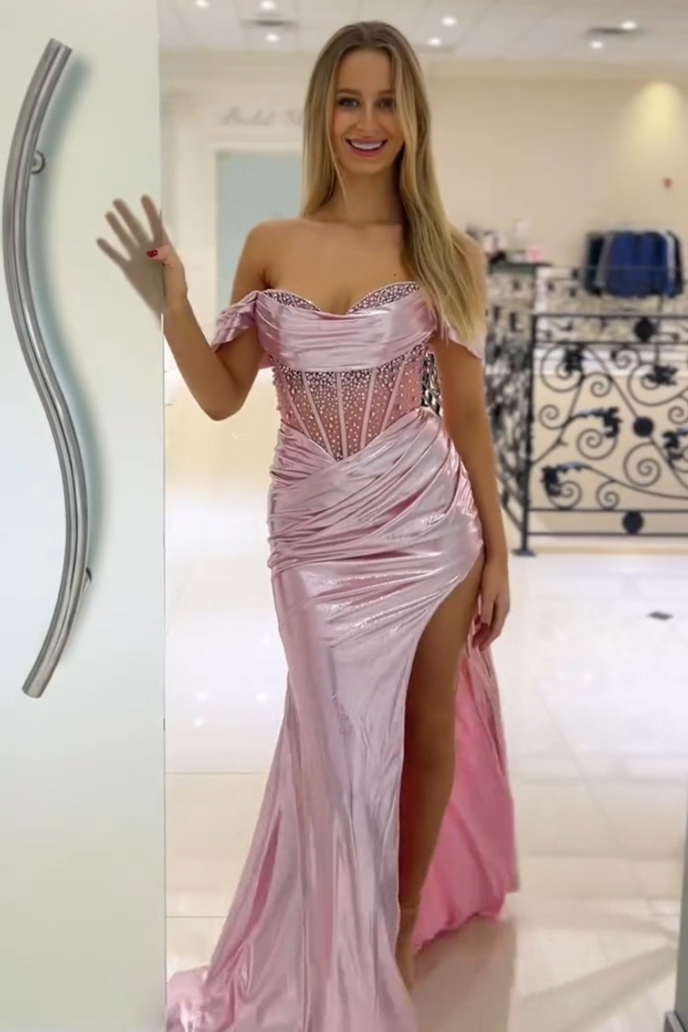 Pink Prom Dress Corset Off The Shoulder Long Formal Dress With Slit