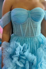 Pink Prom Dress Corset Off the Shoulder Long Evening Dress with Ruffles