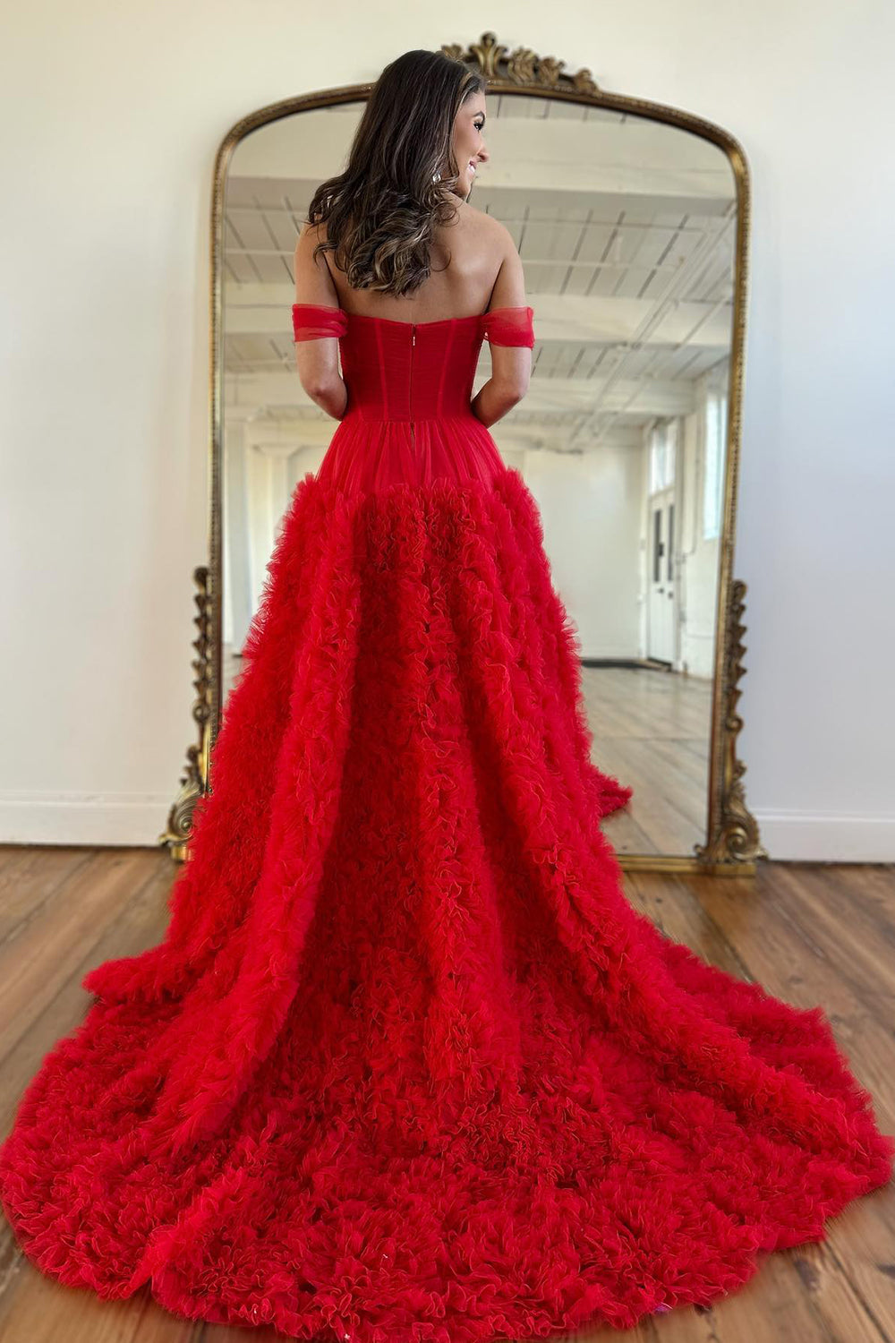 Pink Prom Dress Corset Off the Shoulder Long Evening Dress with Ruffles