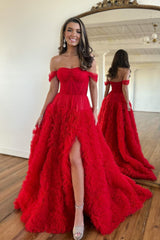 Pink Prom Dress Corset Off the Shoulder Long Evening Dress with Ruffles