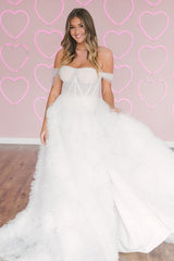 Pink Prom Dress Corset Off the Shoulder Long Evening Dress with Ruffles