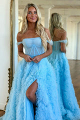 Pink Prom Dress Corset Off the Shoulder Long Evening Dress with Ruffles