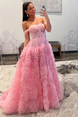 Pink Prom Dress Corset Off the Shoulder Long Evening Dress with Ruffles