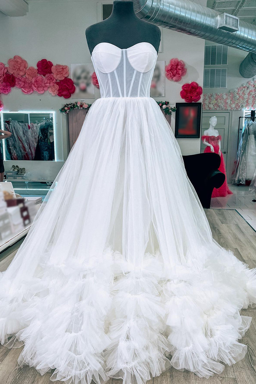 Pink Prom Dress Corset Sweetheart Long Evening Dress with Ruffles