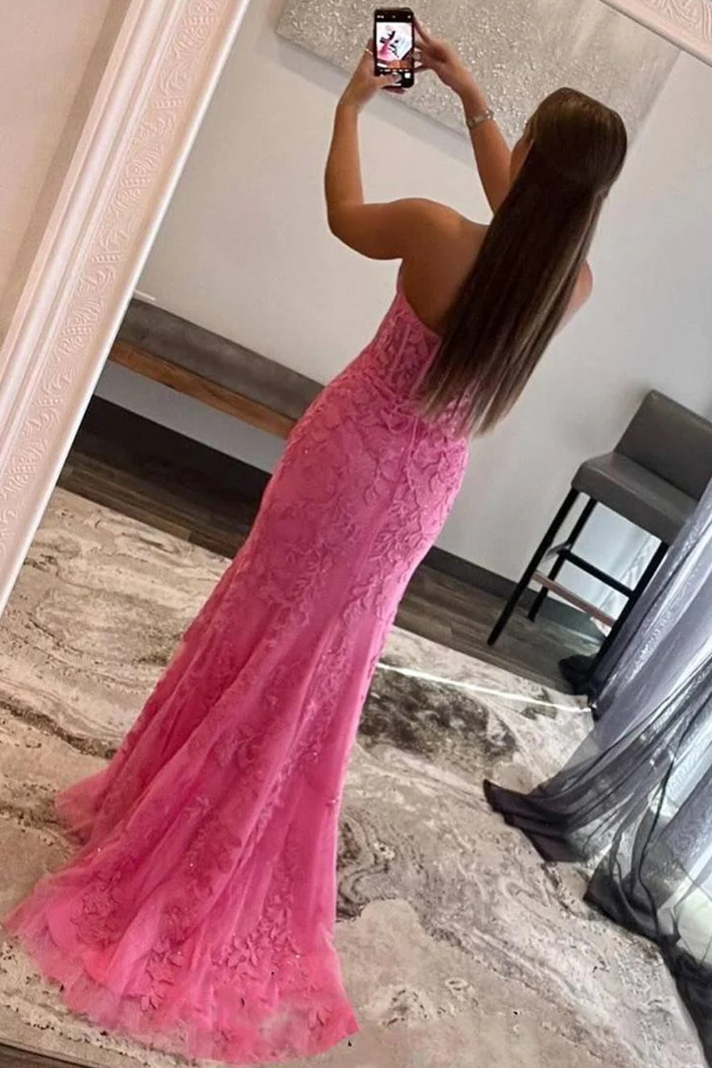 Pink Prom Dress Corset Sweetheart Long Lace Evening Dress with Slit