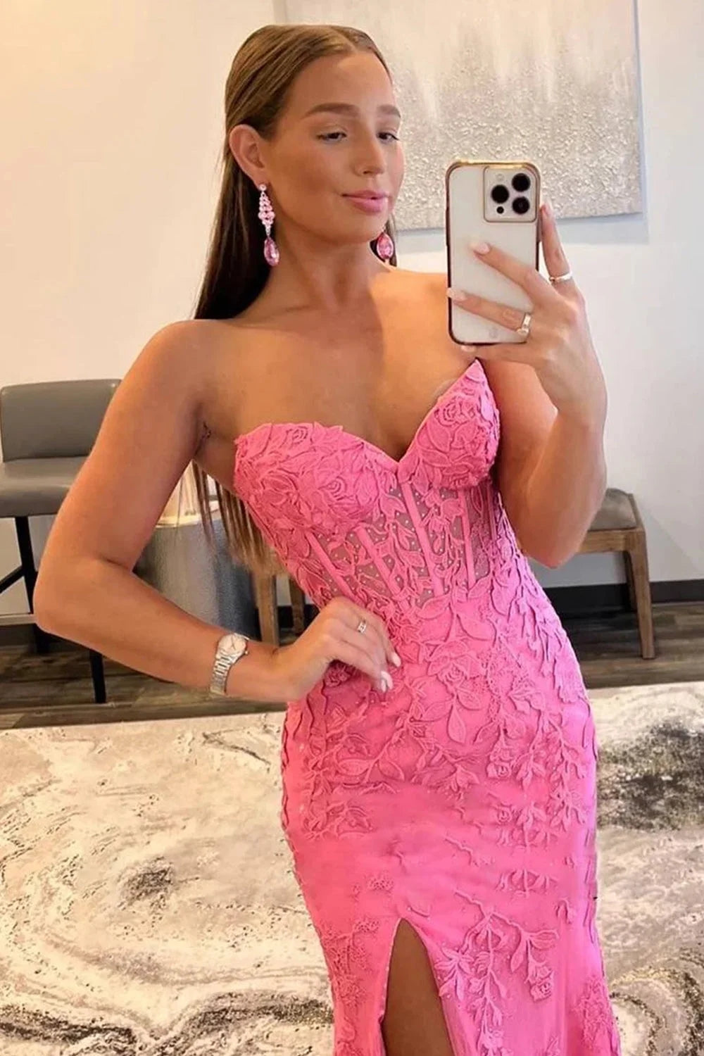 Pink Prom Dress Corset Sweetheart Long Lace Evening Dress with Slit