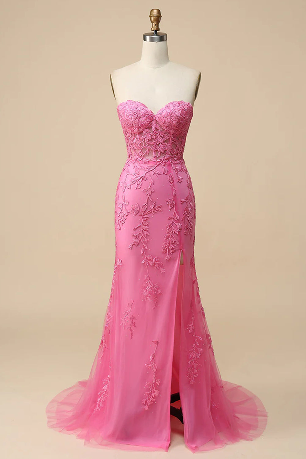 Pink Prom Dress Corset Sweetheart Long Lace Evening Dress with Slit