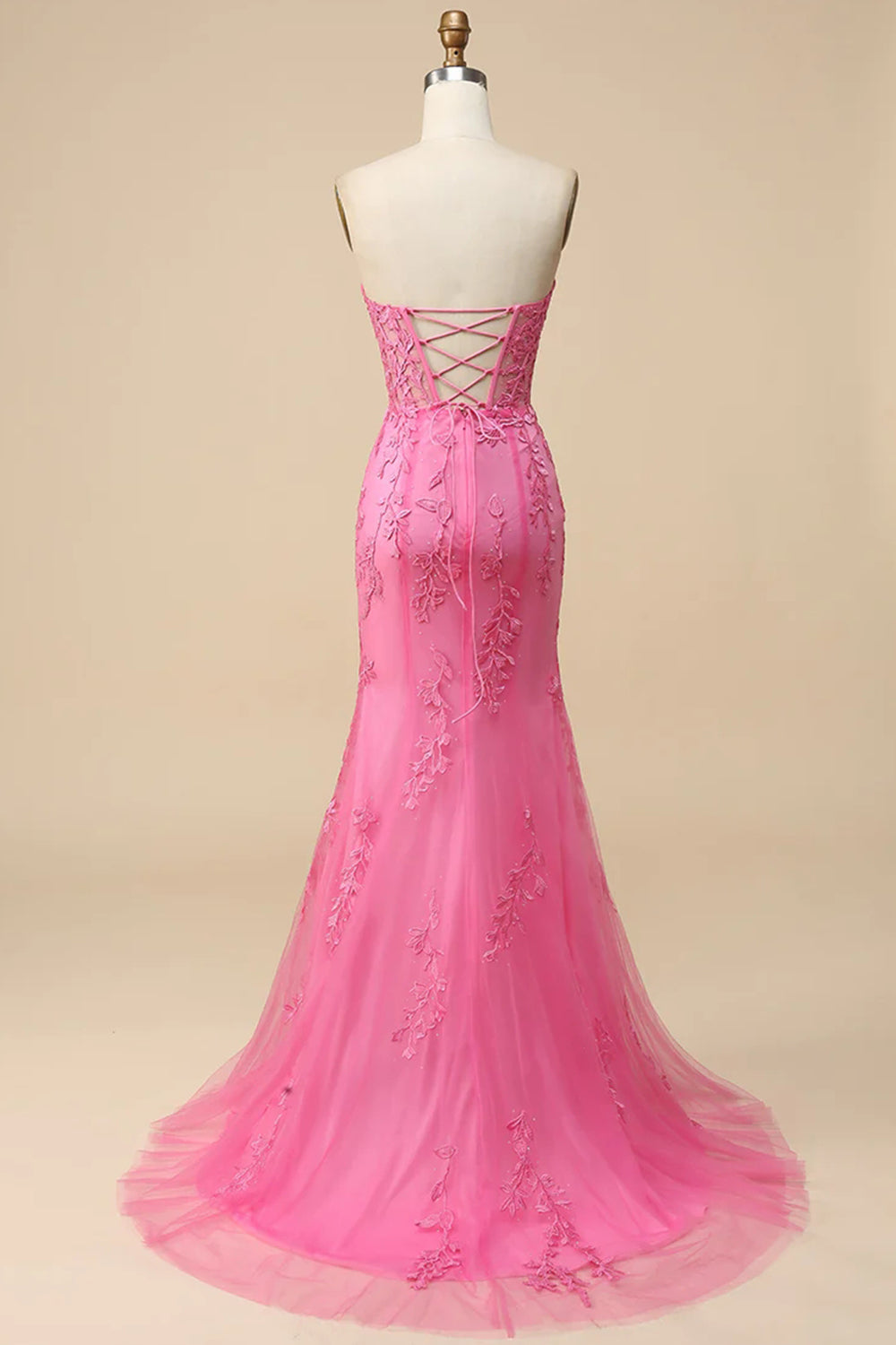 Pink Prom Dress Corset Sweetheart Long Lace Evening Dress with Slit