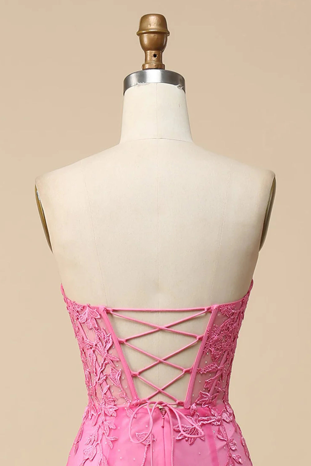 Pink Prom Dress Corset Sweetheart Long Lace Evening Dress with Slit