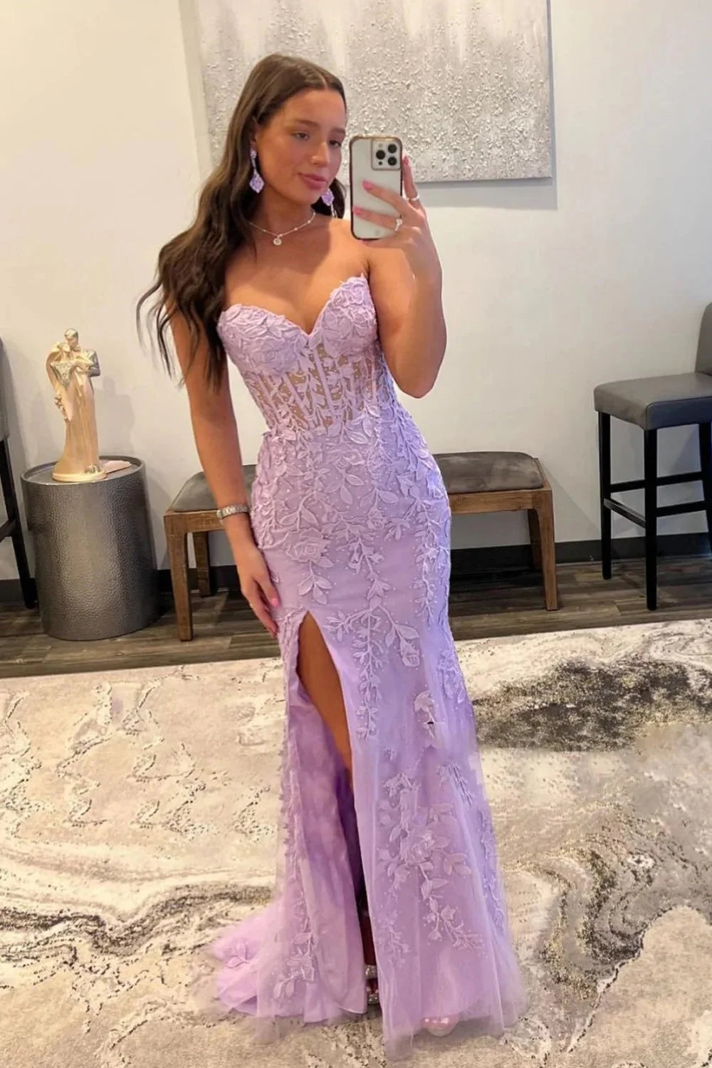 Pink Prom Dress Corset Sweetheart Long Lace Evening Dress with Slit