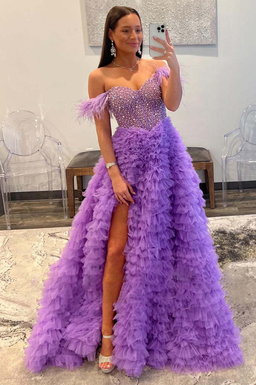 Pink Prom Dress Feathered Ruffled Long Formal Dress With Slit