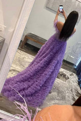Pink Prom Dress Feathered Ruffled Long Formal Dress With Slit