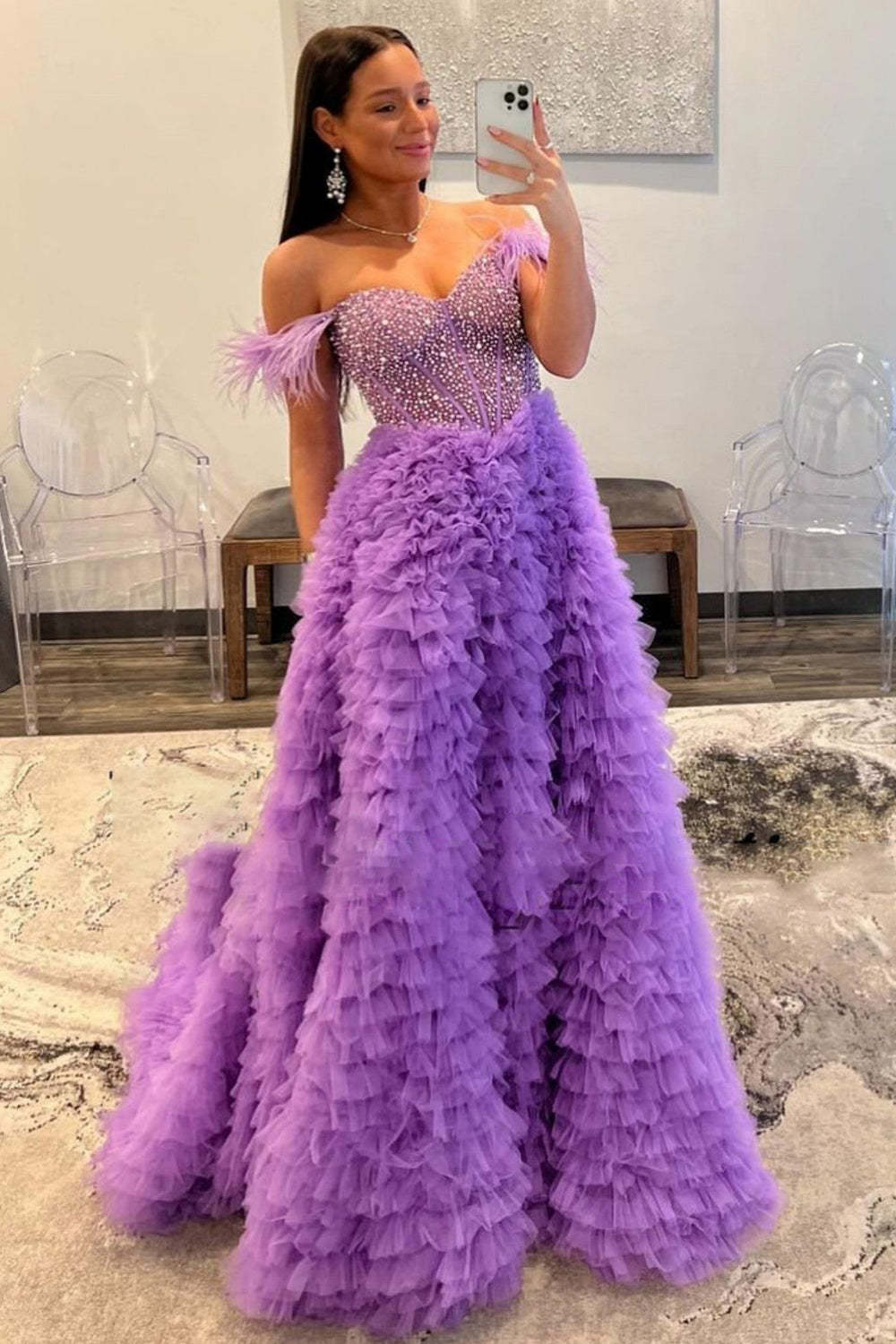 Pink Prom Dress Feathered Ruffled Long Formal Dress With Slit