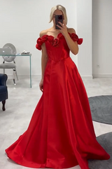 Pink Prom Dress Floral A-Line Off The Shoulder Long Formal Dress With Slit