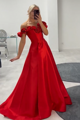 Pink Prom Dress Floral A-Line Off The Shoulder Long Formal Dress With Slit