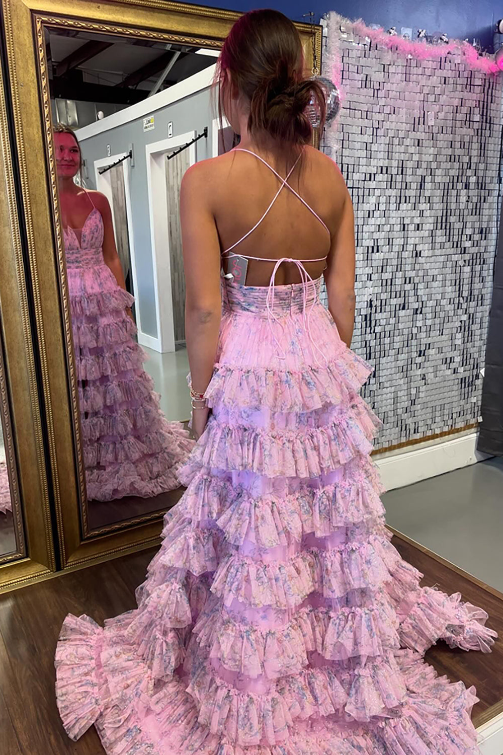 Pink Prom Dress Floral Spaghetti Straps Long Formal Dress With Ruffles