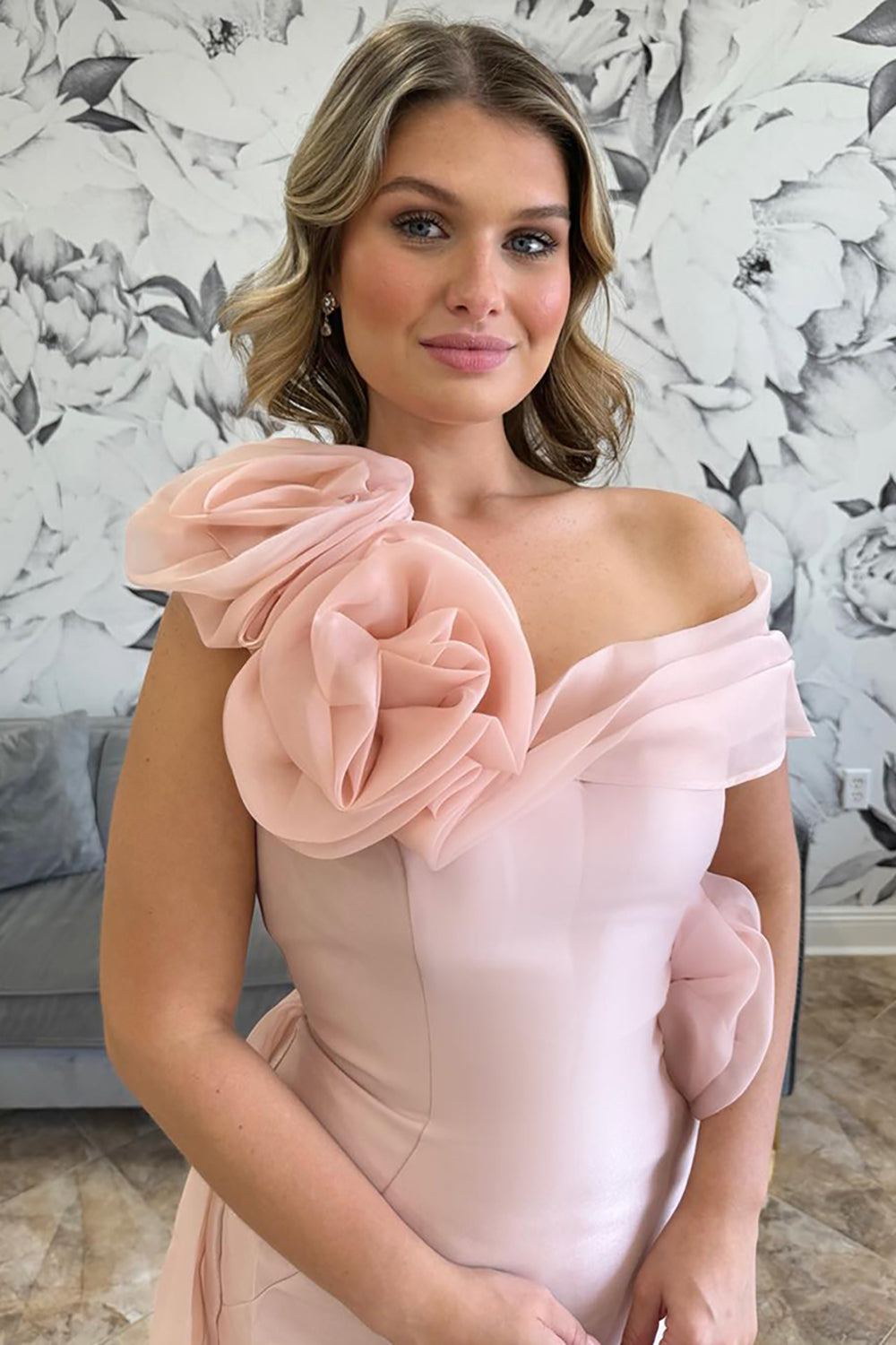 Pink Prom Dress Flowers Mermaid Asymmetrical Neck Long Formal Dress