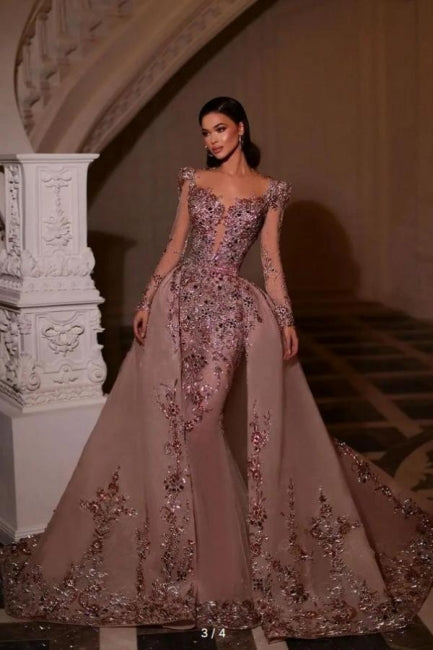 Pink Prom Dress Glitter Sleeves V Neck Beaded Embroidery Floor Length Tulle Formal Dress With Rhinestone