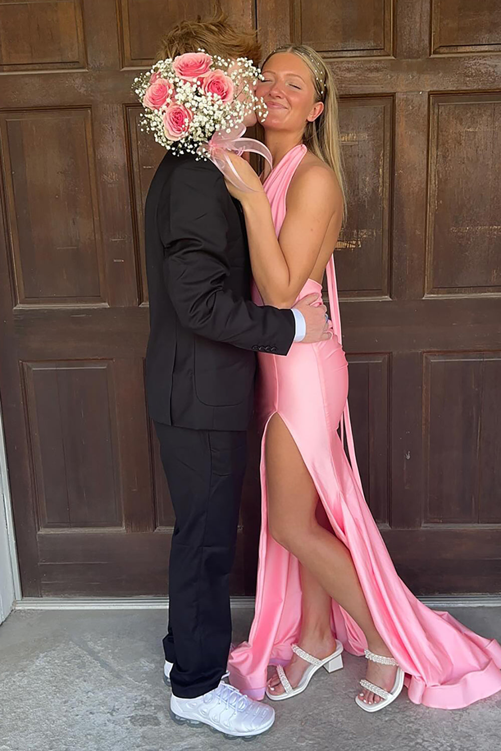 Pink Prom Dress Halter Satin Mermaid Long Formal Dress With Slit