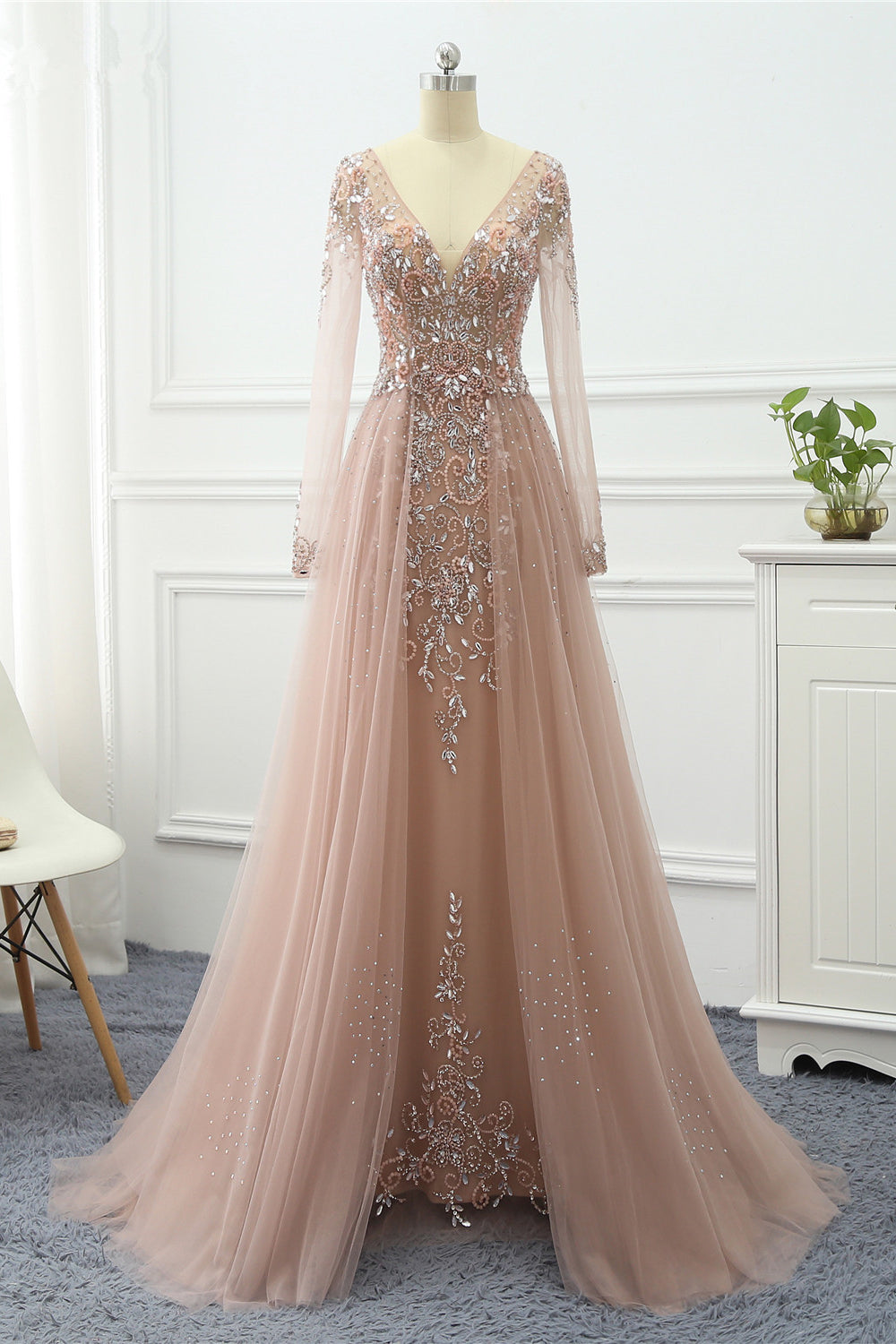 Pink Prom Dress Long Sleeve V Neck Beaded Formal Dress