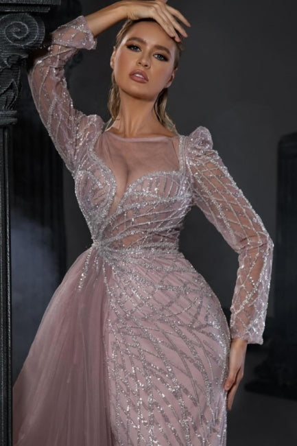 Pink Prom Dress Mermaid Crew Beaded Sleeves Tulle Panel Train Formal Dress