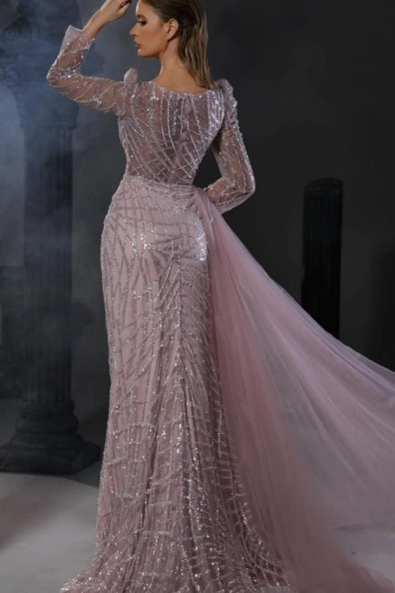 Pink Prom Dress Mermaid Crew Beaded Sleeves Tulle Panel Train Formal Dress
