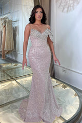 Pink Prom Dress Mermaid Crew One Shoulder Sleeveless Beaded Tulle Formal Dress With Rhinestone