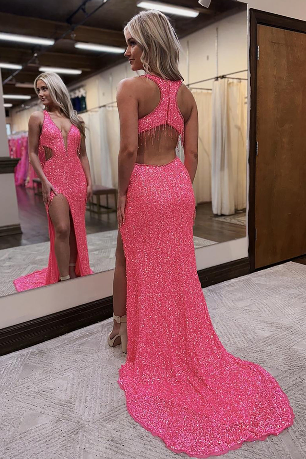 Pink Prom Dress Mermaid Fringed Formal Dress With Slit
