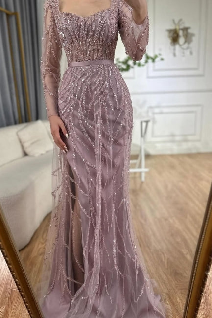 Pink Prom Dress Mermaid Square Sequined Sleeves Detachable Tulle Sweep Train Satin Formal Dress With Slit