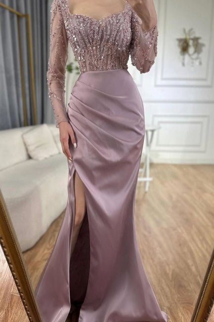 Pink Prom Dress Mermaid Square Sequined Sleeves Detachable Tulle Sweep Train Satin Formal Dress With Slit