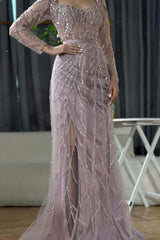 Pink Prom Dress Mermaid Square Sequined Sleeves Detachable Tulle Sweep Train Satin Formal Dress With Slit