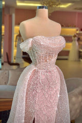 Pink Prom Dress Mermaid Strapless Off The Shoulder Sleeveless Sequined Panel Train Tulle Formal Dress With Slit
