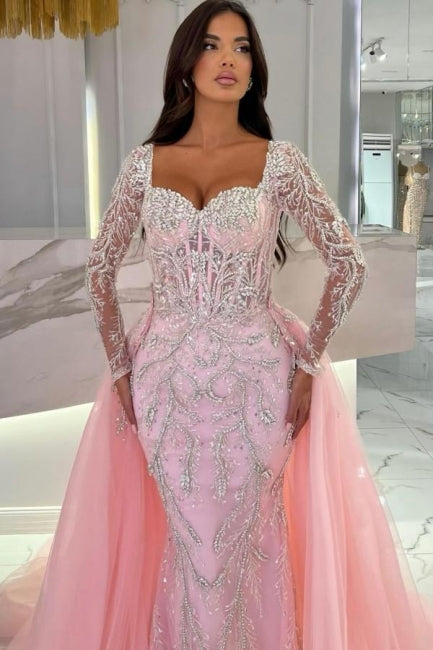 Pink Prom Dress Mermaid Sweetheart Sleeves Beaded Panel Train Tulle Formal Dress With Sequins
