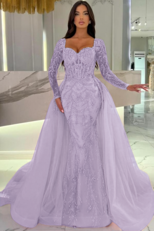 Pink Prom Dress Mermaid Sweetheart Sleeves Beaded Panel Train Tulle Formal Dress With Sequins