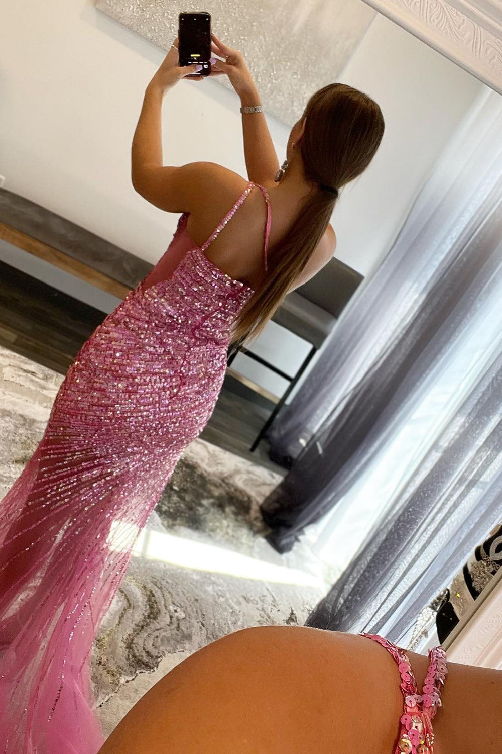 Pink Prom Dress One Shoulder Sequined Long Evening Dress with Slit