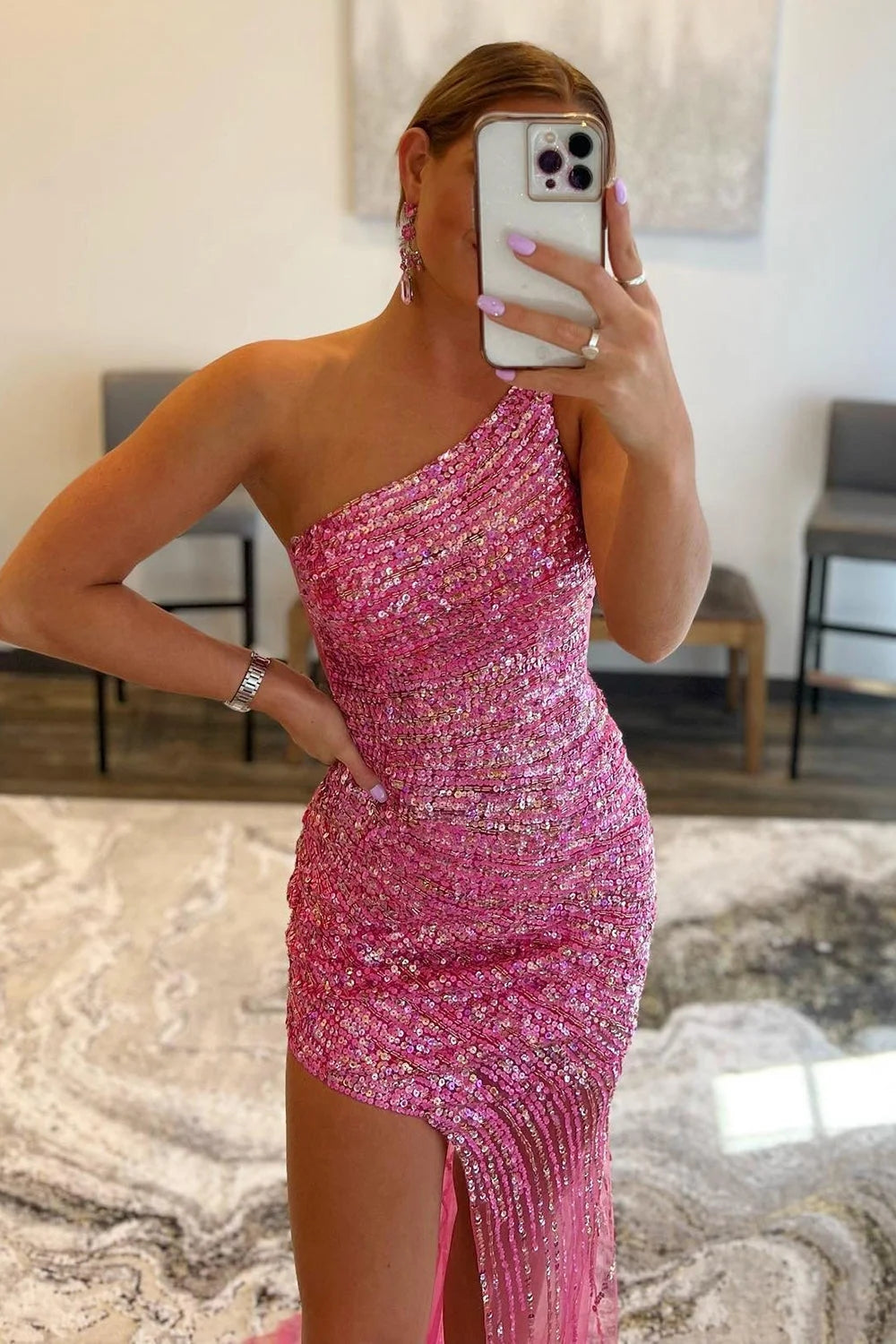 Pink Prom Dress One Shoulder Sequined Long Evening Dress with Slit