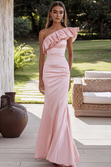 Pink Prom Dress Satin One Shoulder Ruffled Long Mermaid Formal Dress