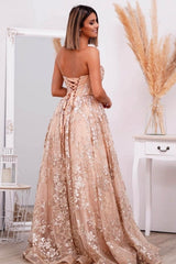 Pink Prom Dress Strapless A Line Sleeveless Beaded Lace Up Tulle Formal Dress With Appliques