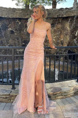 Pink Prom Dress Strapless Lace Long Evening Dress with Slit