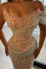 Pink Prom Dress Strapless Mermaid Beaded Sequined Sleeveless Formal Dress With Pearls