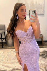 Pink Prom Dress Sweetheart Corset Long Lace Formal Dress With Slit