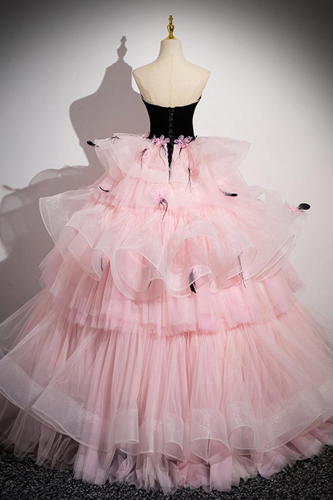 Pink Prom Dress Sweetheart Neck Tulle Long Prom Gown Evening Dress