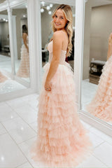 Pink Prom Dress Tiered A-Line Spaghetti Straps Long Formal Dress