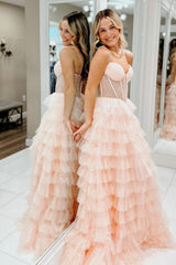 Pink Prom Dress Tiered A-Line Spaghetti Straps Long Formal Dress