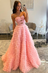 Pink Prom Dress Tulle A Line Ruffled Sweetheart Long Formal Dress