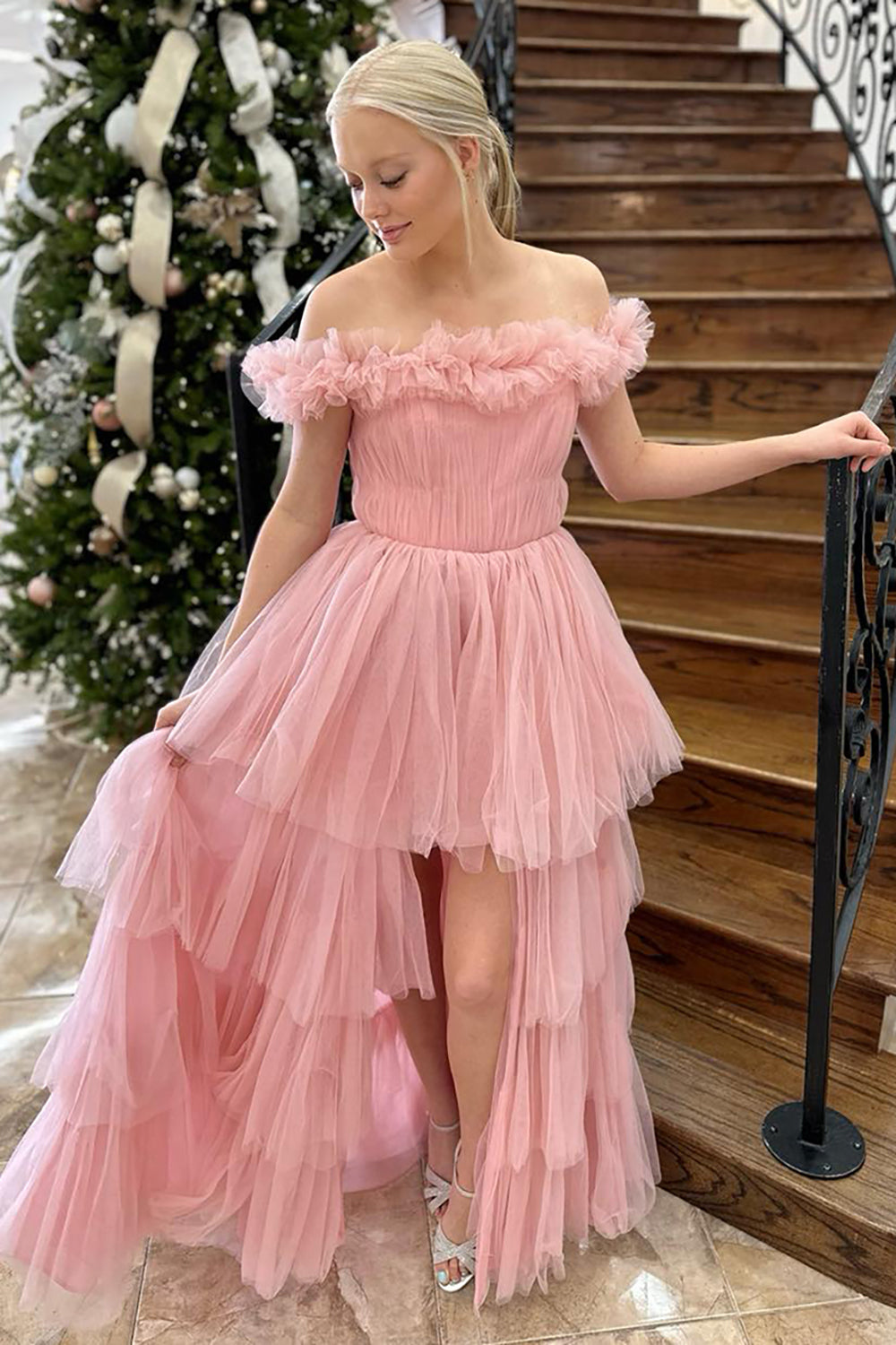 Pink Prom Dress Tulle Ruffled Off The Shoulder Formal Dress With Slit