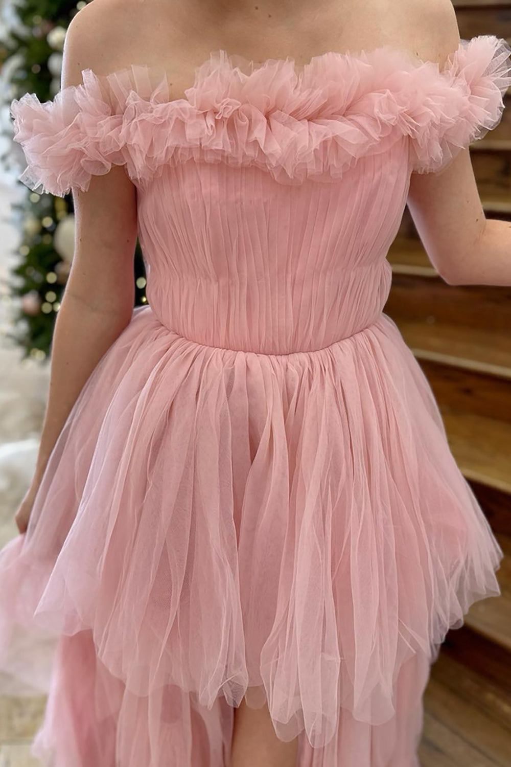 Pink Prom Dress Tulle Ruffled Off The Shoulder Formal Dress With Slit