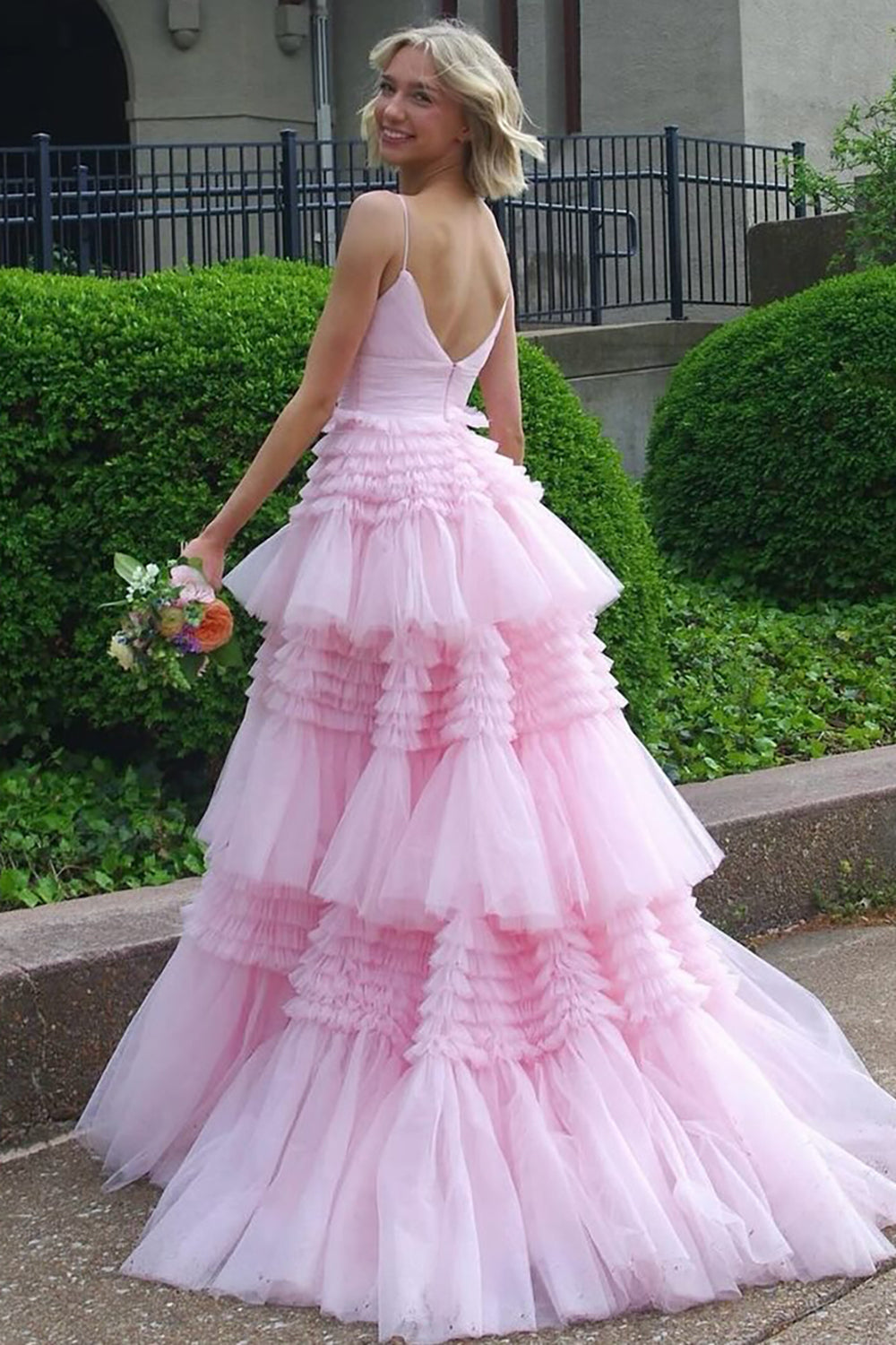 Pink Prom Dress Tulle Tiered A-Line Spaghetti Straps Long Formal Dress