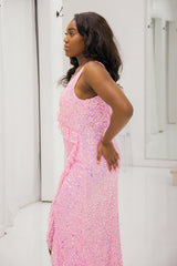 Pink Prom Dress V-Neck Ruffled Mermaid Formal Dress With Slit