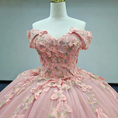 Pink Quinceanera Dress Butterfly Flowers Ball Gown Sweet 16 Dress